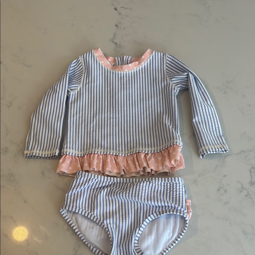 Seersucker two piece bathing suit.